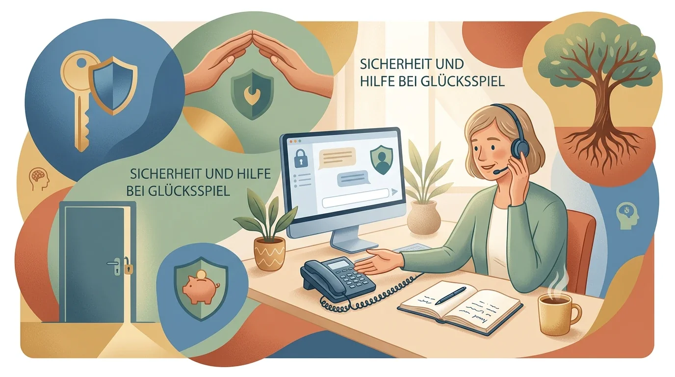 Ruhige Beratungssituation mit Notizblock, Telefon und Schutzsymbolen bei Glücksspielproblemen