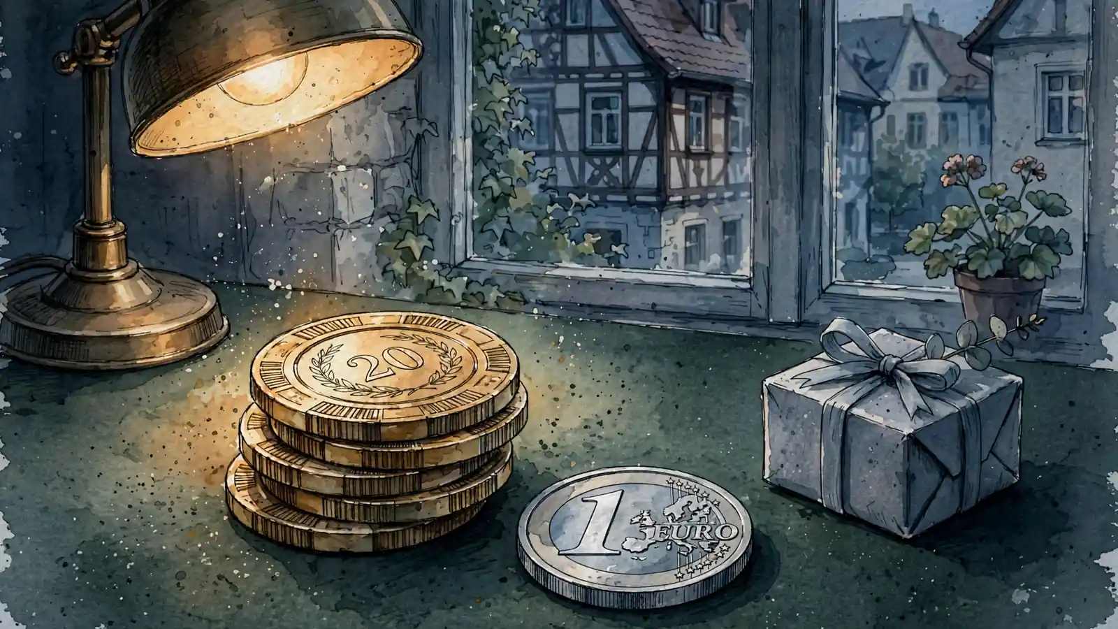 Goldene Casino-Chips und ein Geschenkkarton auf grünem Filztisch