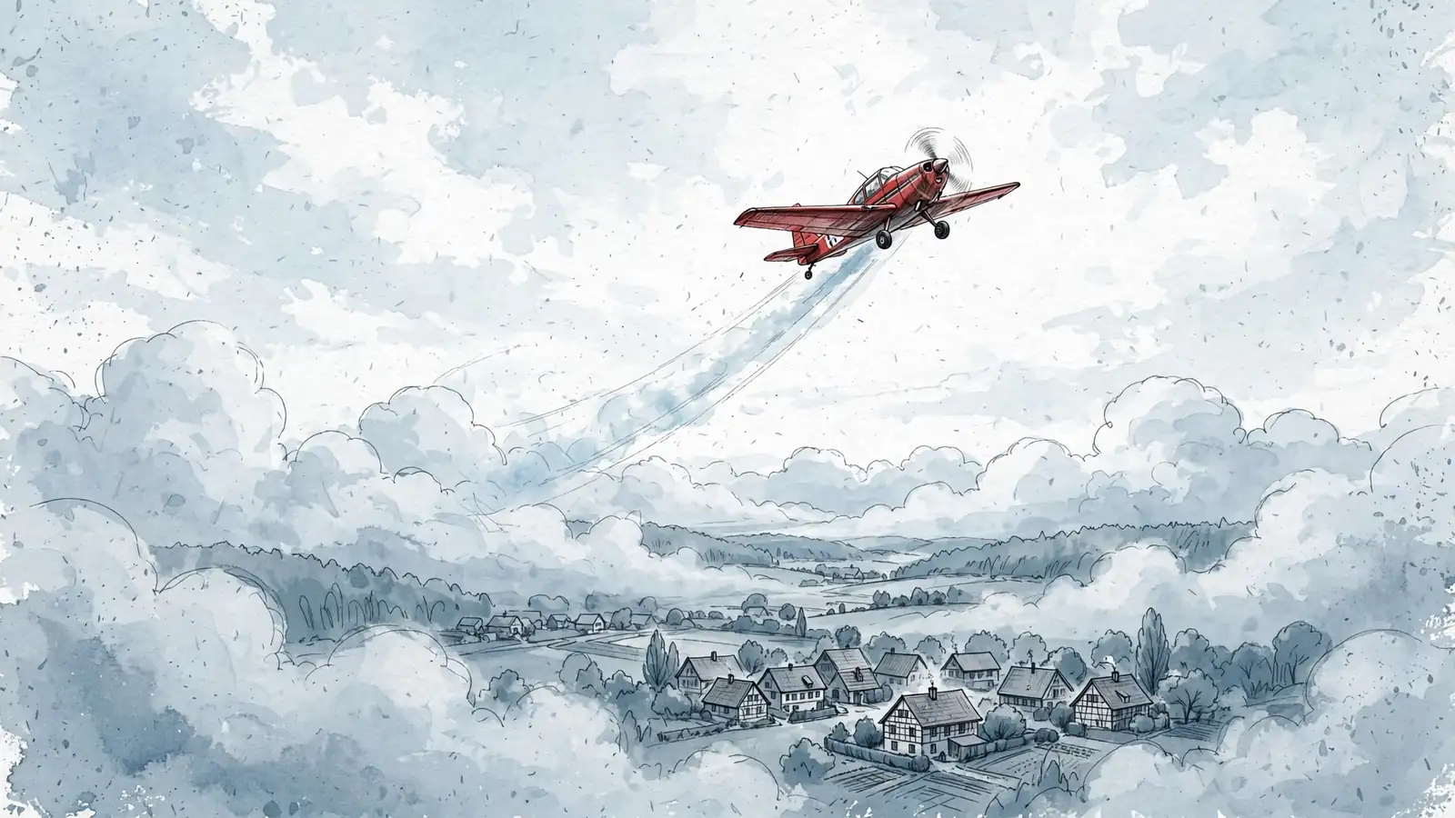 Ein kleines Propellerflugzeug steigt steil in den bewölkten Himmel auf.