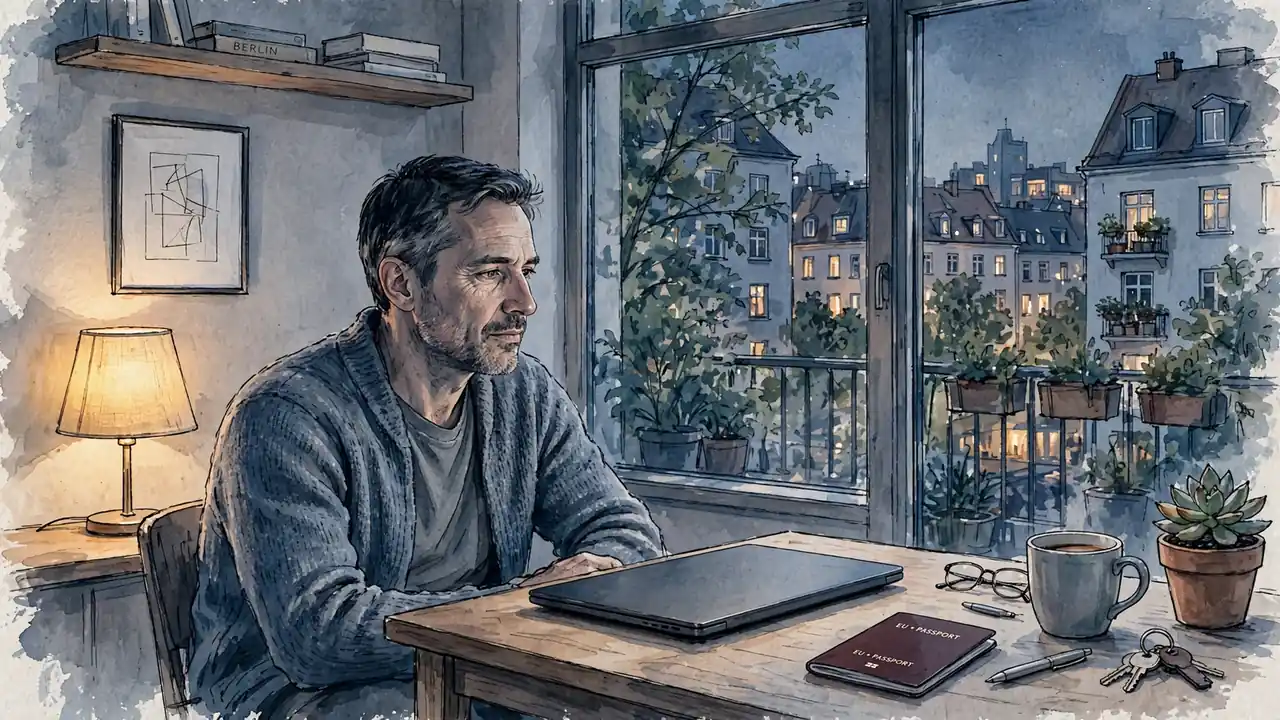 Mann abends am Schreibtisch mit Laptop, Reisepass und Kaffeetasse, deutsche Wohnung mit Stadtblick.