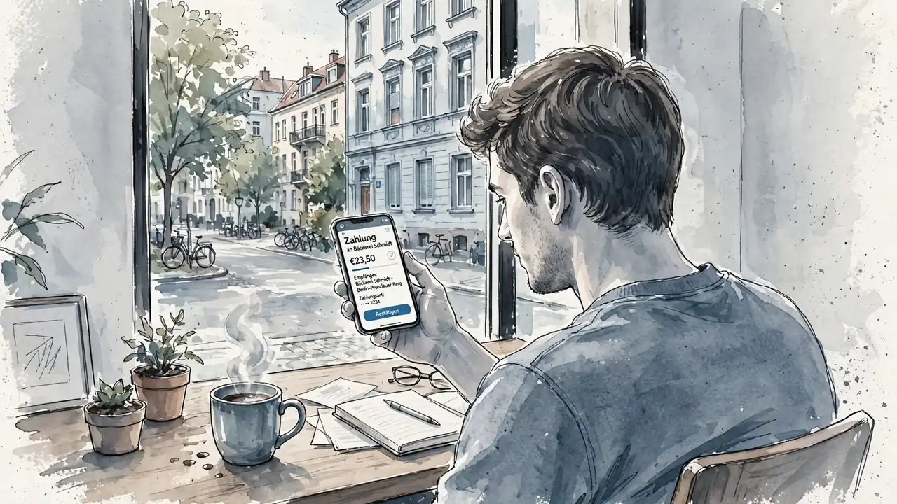 Junger Mann in Berliner Wohnung bedient Twint-Bezahlapp auf dem Smartphone