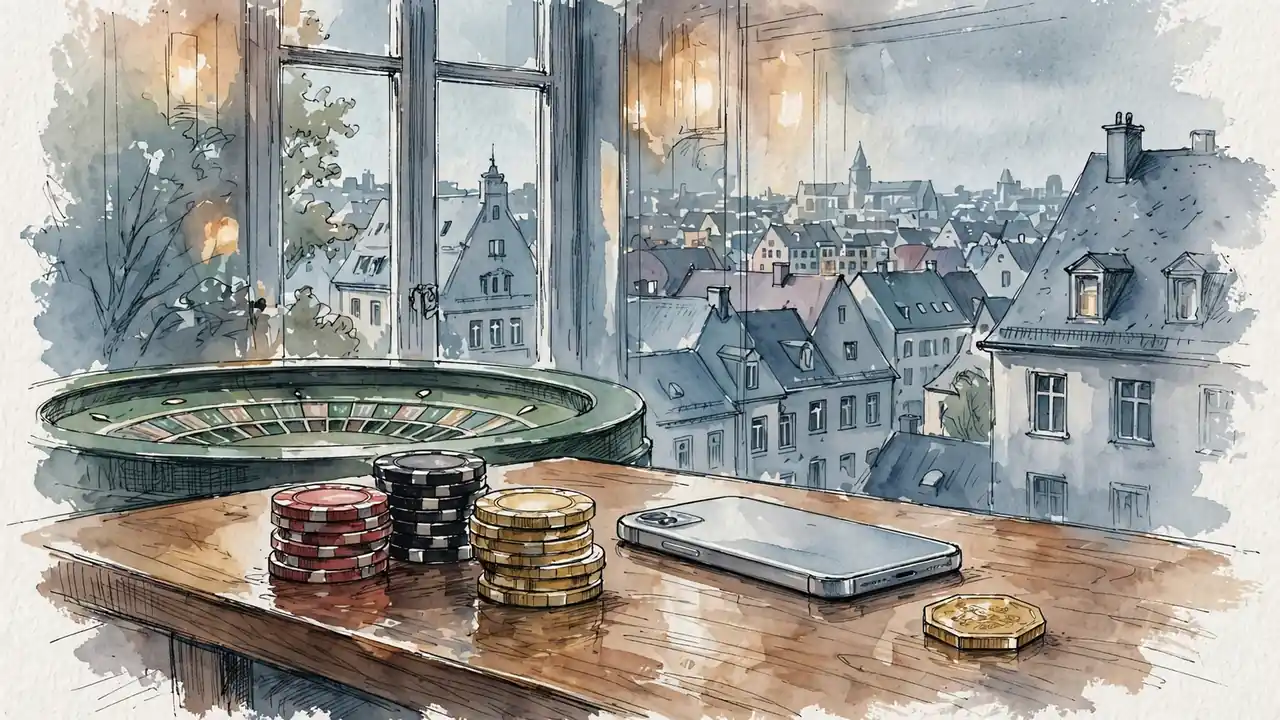Casino-Chips, Rouletterad und eine Kryptomünze auf einem Holztisch vor dem Fenster.