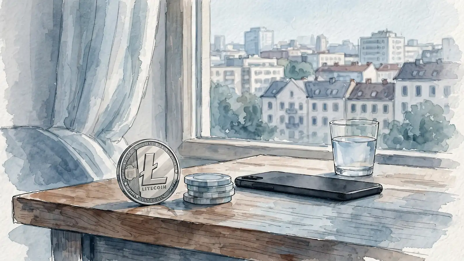 Litecoin-Münze und Spielchips auf einem Holztisch in einer modernen Wohnung mit Tageslicht.