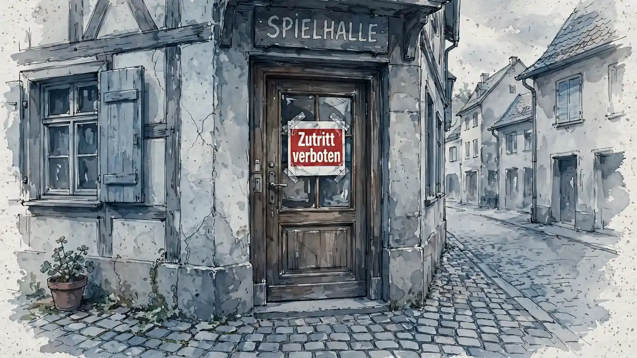 Geschlossene Tür einer Spielhalle mit Zutrittsverbots-Schild