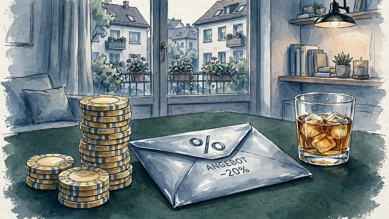 Stapel Casino-Chips und ein Umschlag mit Bonus-Symbol auf grünem Filz