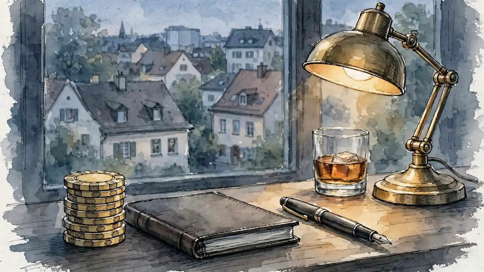 Goldene Casino-Chips auf einem Schreibtisch mit warmem Lampenlicht.