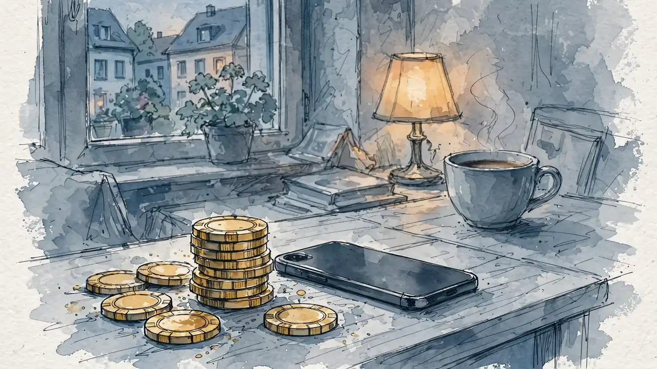 Goldene Casino-Chips neben einem Smartphone auf einem Tisch.