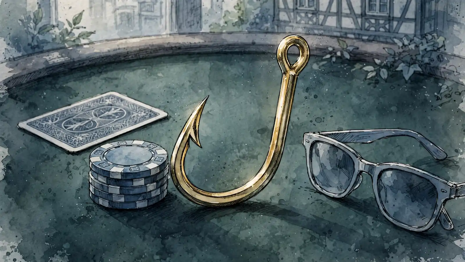 Goldener Angelhaken auf grünem Spieltisch mit Casino-Chips und Karte