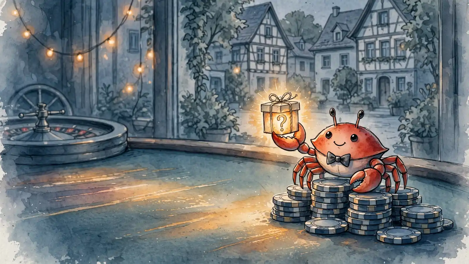 Eine dekorative Krabbe mit Casino-Chips und Geschenkbox auf einem Spieltisch