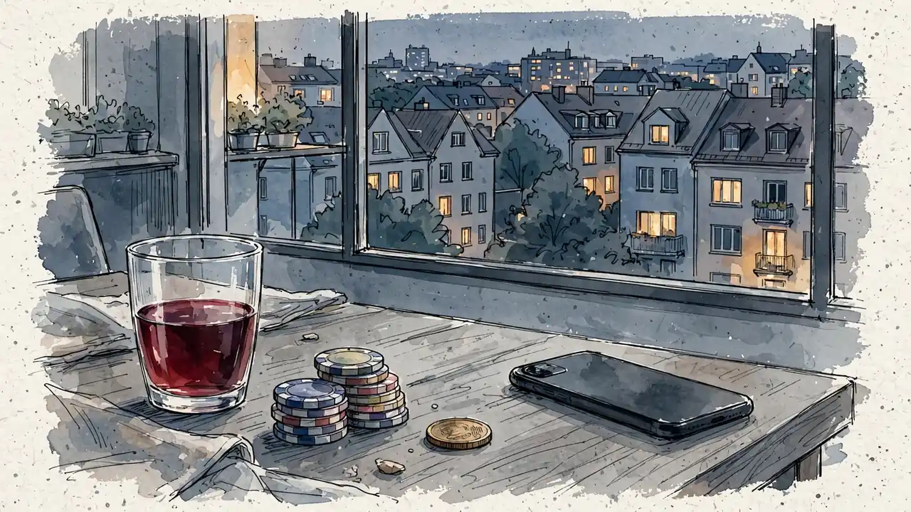Abendlicher Wohnzimmertisch mit Spielchips, Weinglas und Smartphone.