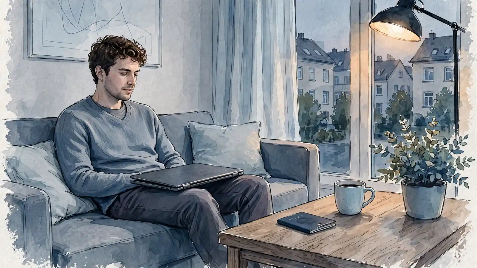 Person auf dem Sofa mit zugeklapptem Laptop, Ausweis liegt verdeckt auf dem Couchtisch