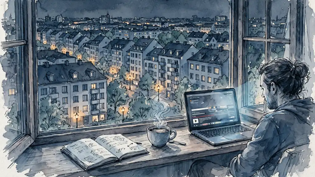 Abendlicher Blick aus einem deutschen Apartment auf eine beleuchtete Stadt mit Notizbuch und Kaffee.